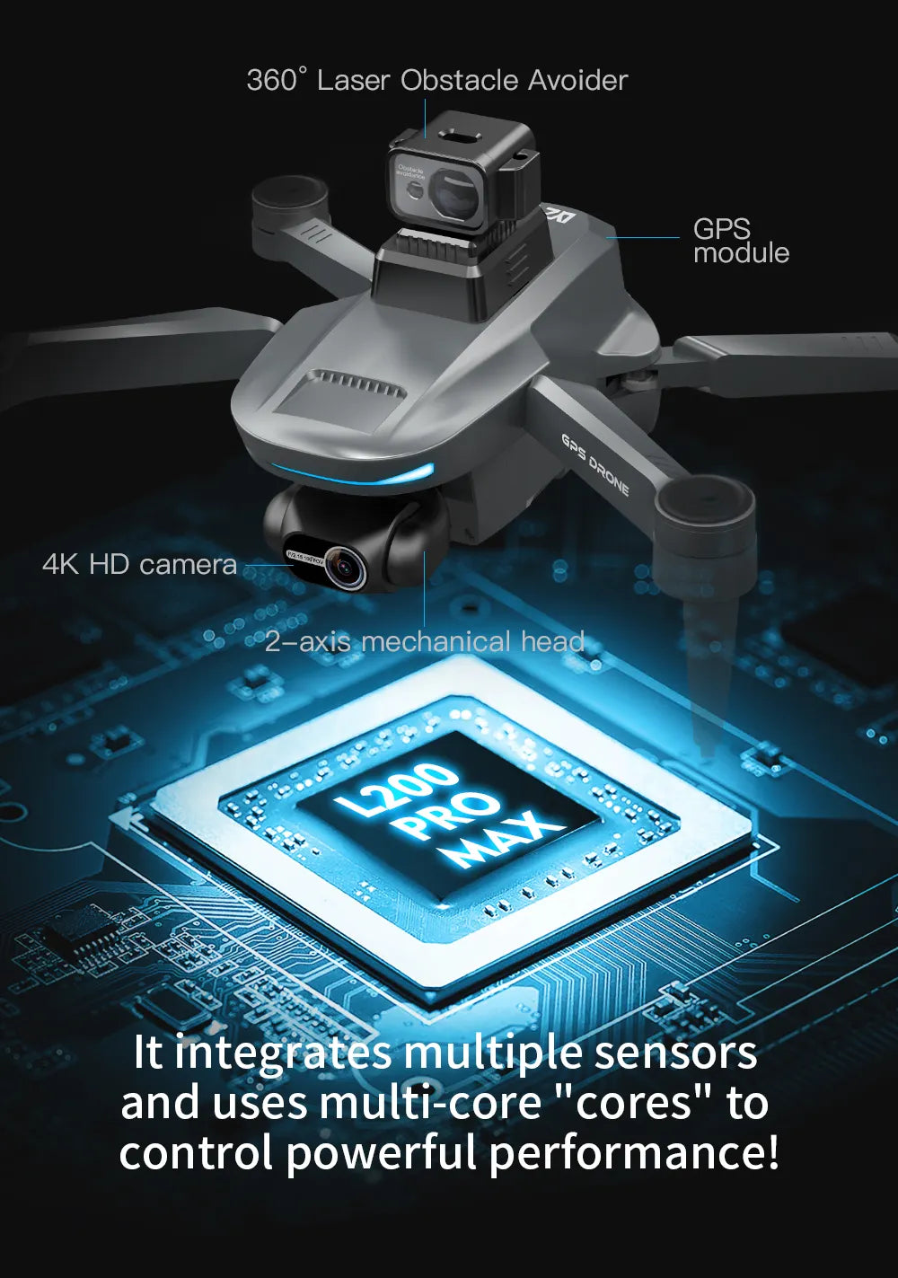 Drone GPS L200 Pro Max 4K double caméra avec cardan et évitement d'obstacles