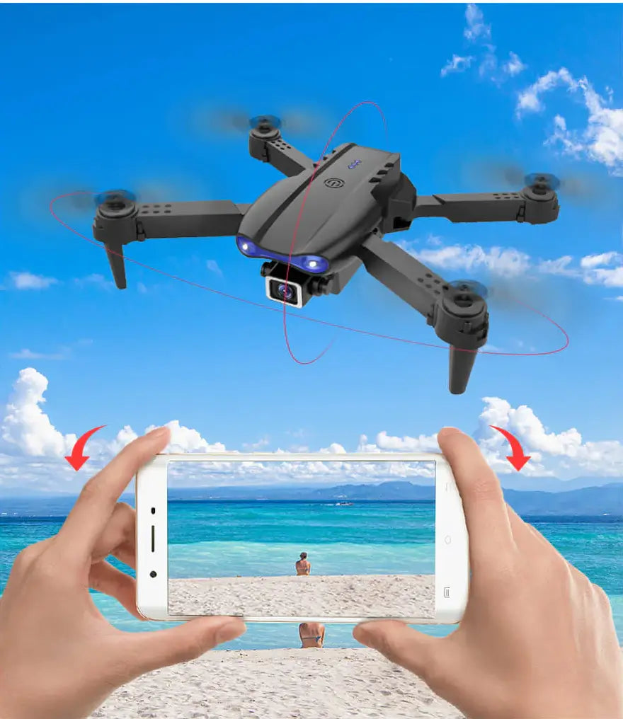 E99 Foldable Drone showing compact foldable design in both folded and expanded views