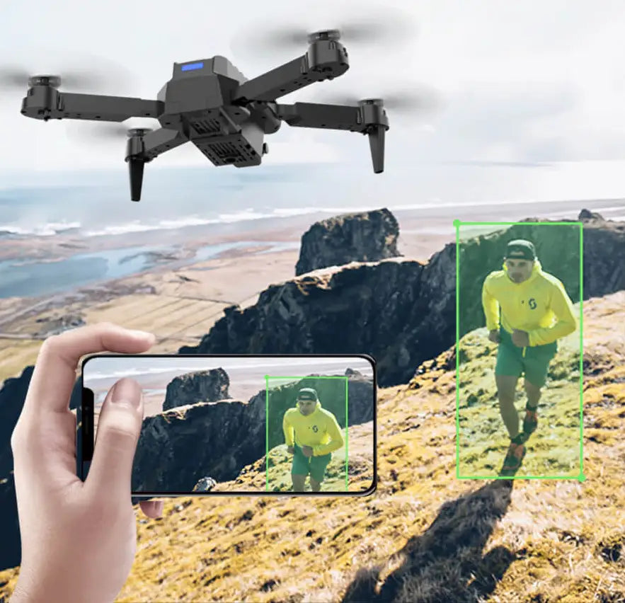 E99 Foldable Drone flying outdoors with 4K camera and LED night lights capturing clear aerial footage