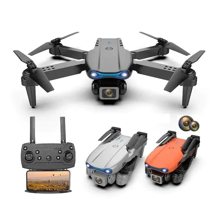 Accessories of the E99 Foldable Drone including remote controller, modular battery, protective frame, propellers, screwdriver, and charging cable