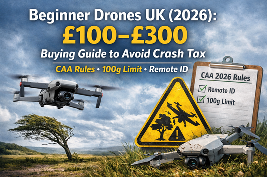 Cover image for a UK beginner drone buying guide (2026), showing a drone in windy countryside with a CAA checklist for the 100g rule and Remote ID.