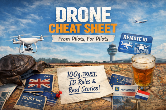 Drone law cheat sheet cover image with quadcopter, airport control tower, Remote ID card, and “From Pilots, For Pilots” title