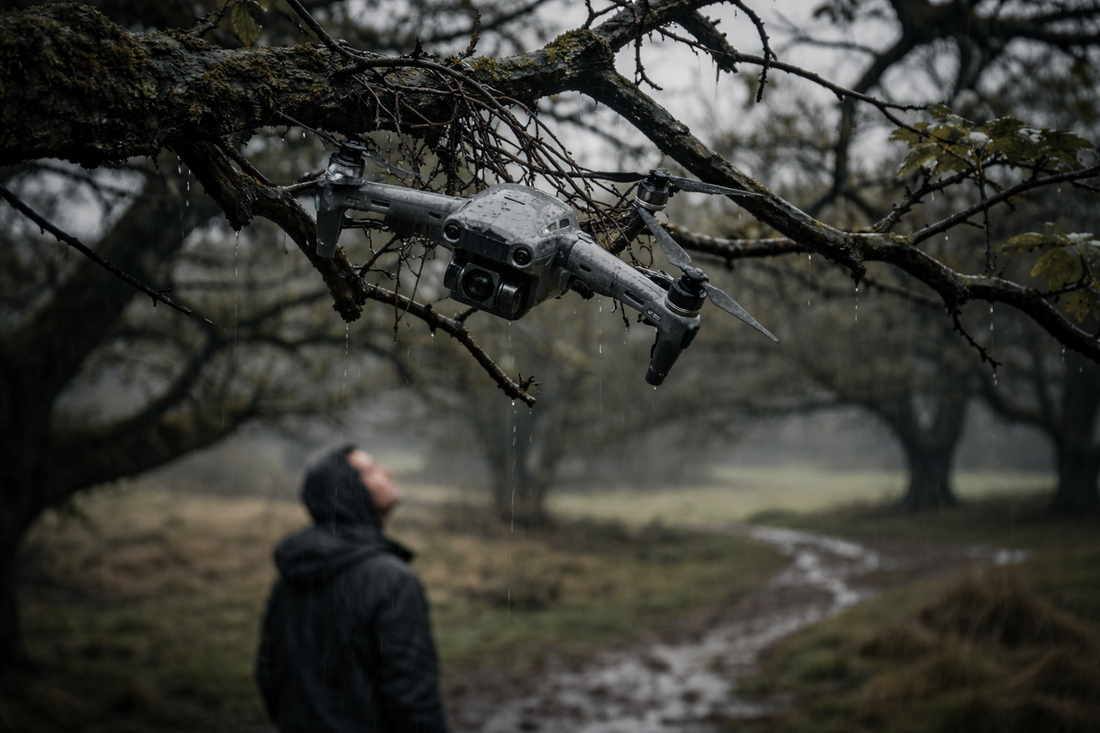 Cheap plastic drone stuck in wet oak tree branches on a rainy day in the muddy British countryside, with a blurred person looking up under a grey sky.