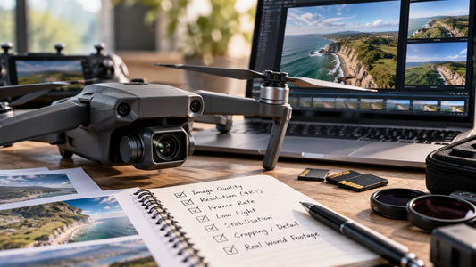 Drone camera review workbench with footage, memory cards and image-quality checklist for a 4K specification audit