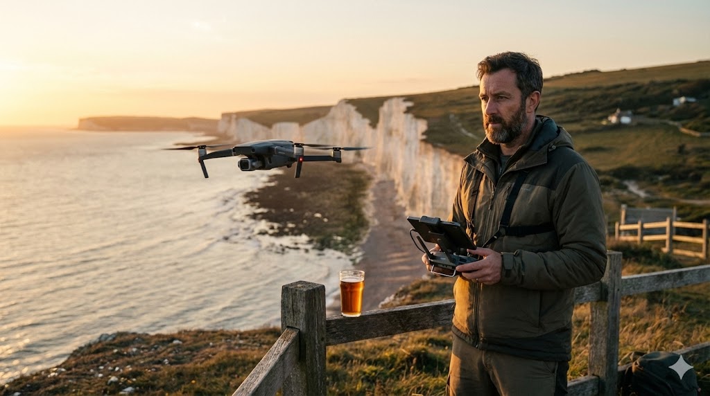 A man flying a DJI Mavic 3 Pro drone during a sunset at the Seven Sisters cliffs on the UK coast, with a pint of beer on a fence post. ProDrone Alliance beginner's guide scene.
