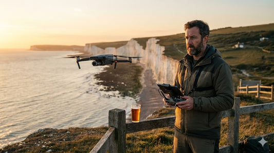 A man flying a DJI Mavic 3 Pro drone during a sunset at the Seven Sisters cliffs on the UK coast, with a pint of beer on a fence post. ProDrone Alliance beginner's guide scene.