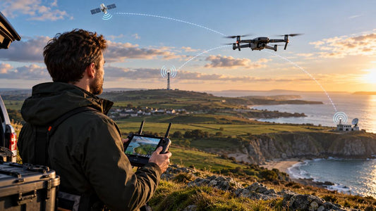 Drone pilot on the UK coast with cellular, satellite and ground-station connectivity links for BVLOS operations