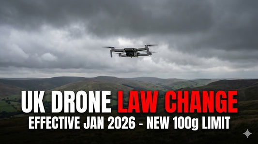 Dramatic news-style blog header image showing a small drone hovering over gloomy UK hills. Text overlaid in red and white bold letters reads: "UK DRONE LAW CHANGE", followed by smaller text below stating: "EFFECTIVE JAN 2026 - NEW 100g LIMIT"
