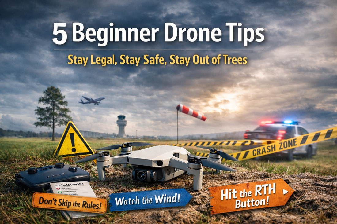 Beginner camera drone hovering above a UK field with safety checklist, wind warning and RTH tip for first drone flight (UK CAA 2026)