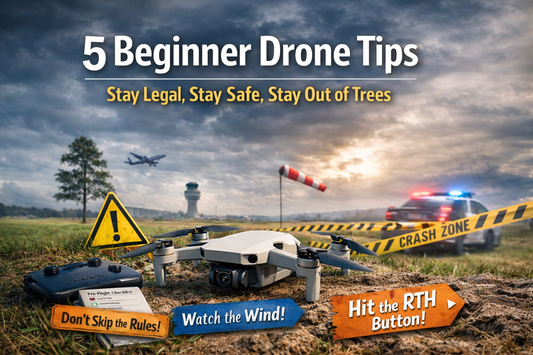 Beginner camera drone hovering above a UK field with safety checklist, wind warning and RTH tip for first drone flight (UK CAA 2026)