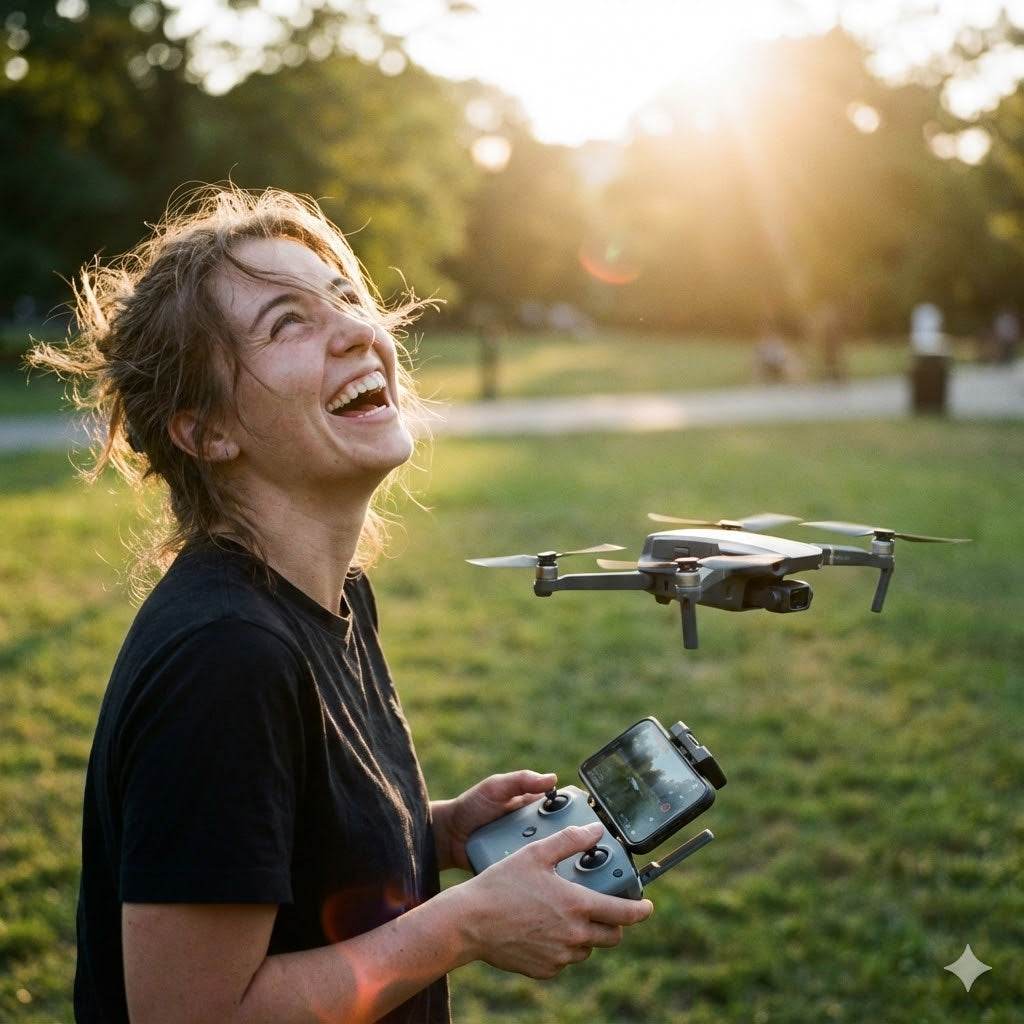 A young woman laughing while flying a stable, beginner-friendly drone with safety propeller guards in a sunlit park at golden hour.