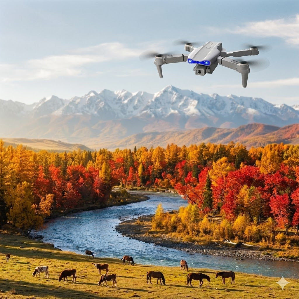 Professional silver-grey foldable drone with blue LED lights flying over a vibrant autumn mountain landscape with a winding river and grazing horses.