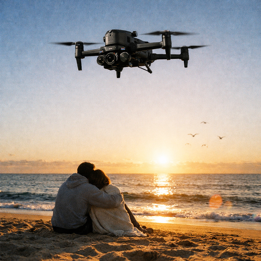A professional matte black GPS drone with a triple-camera gimbal soaring high in the blue sky at sunrise, with a couple cuddling on a sandy beach by the ocean waves and seagulls in the background.