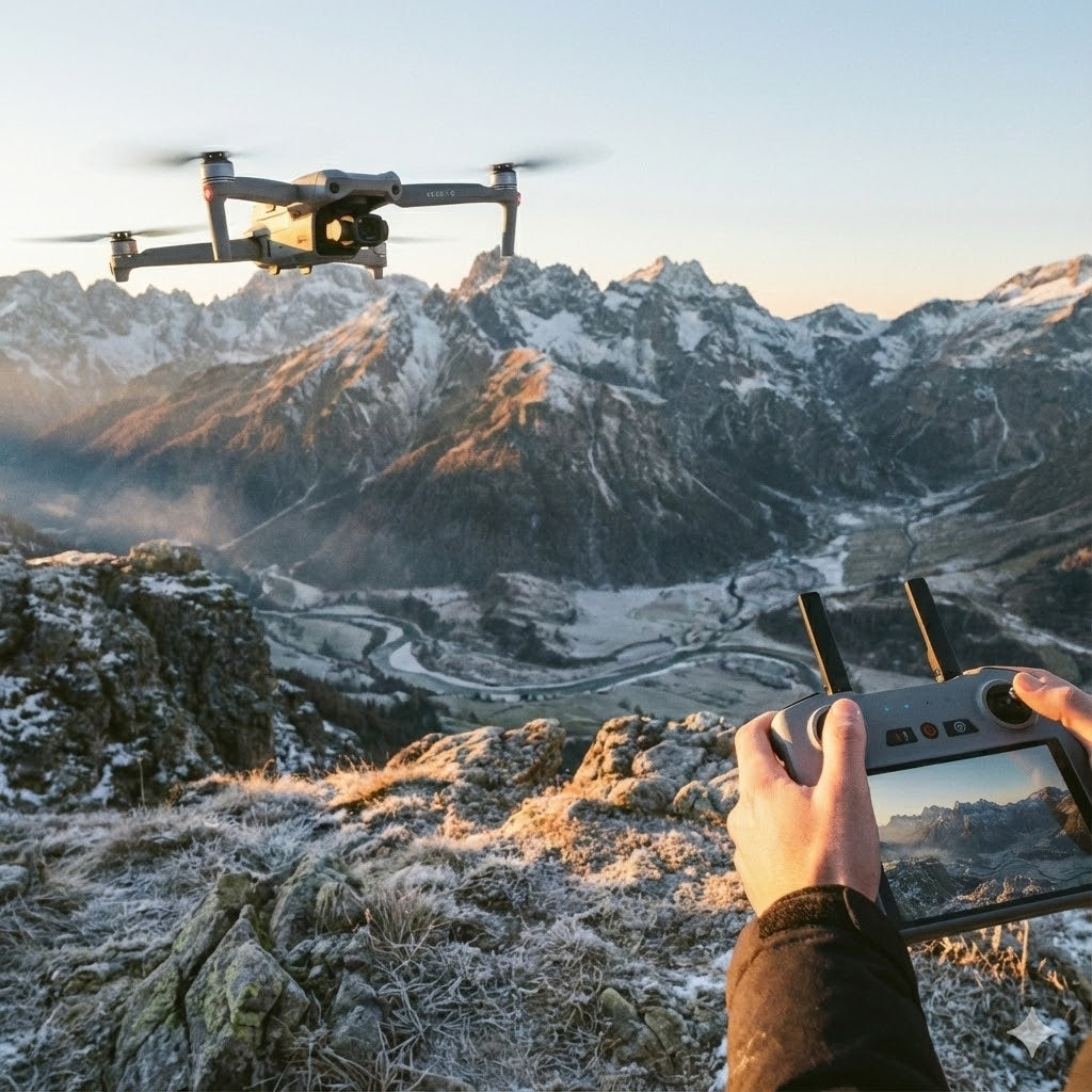 A pilot's hands holding a remote controller with a built-in screen, operating a grey professional foldable camera drone hovering over frosty mountain peaks during a golden hour sunrise in the Dolomites