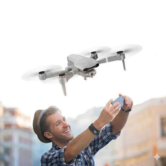 A smiling man in a straw hat and plaid shirt holds up a smartphone to view a real-time Wi-Fi FPV live feed from a flying silver foldable ...