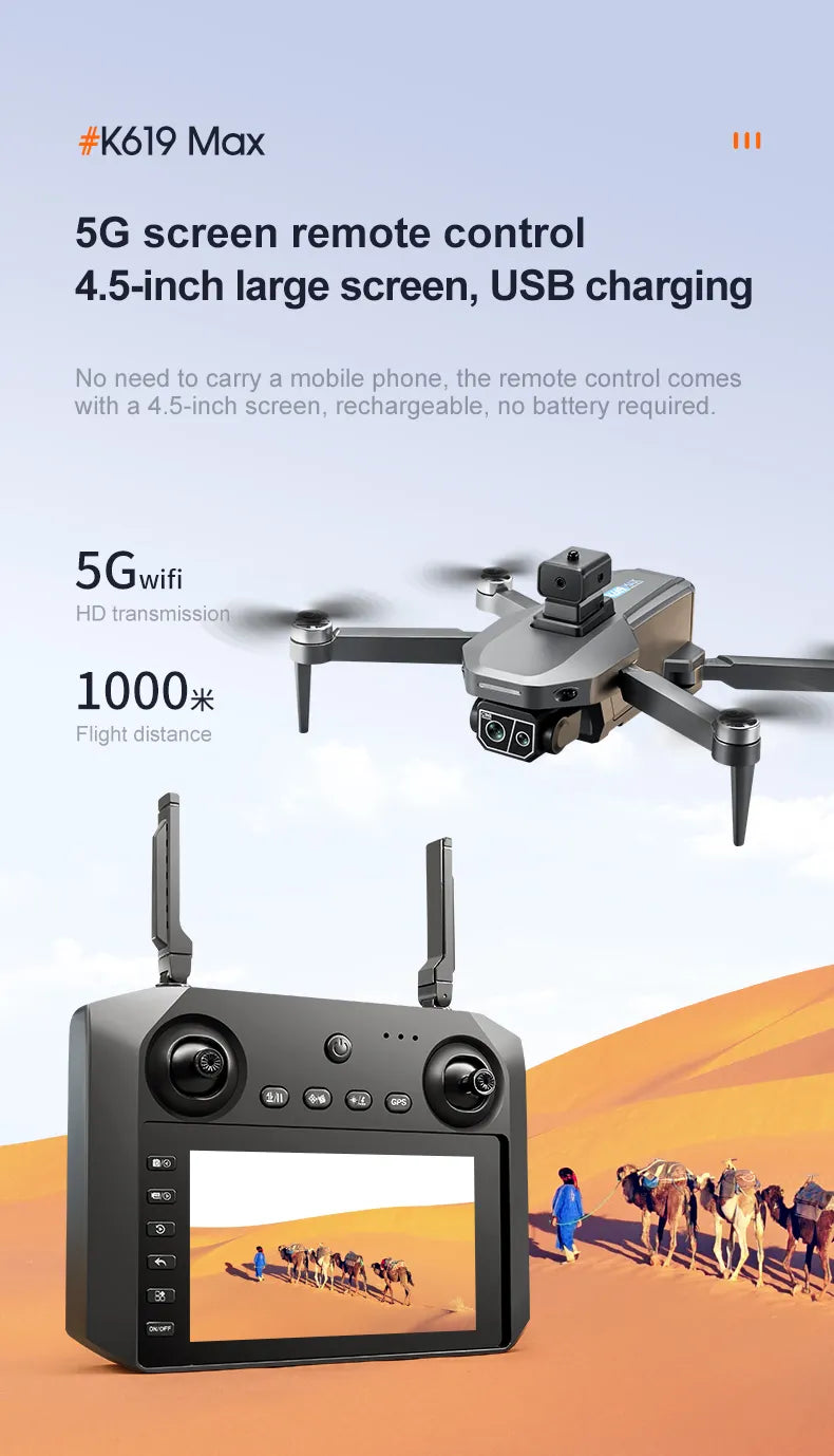 K619 5G WIFI GPS Drone with Dual Cameras, 25 Min Flight Time, Obstacle Avoidance, LED Screen Remote Control