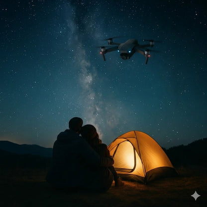 An E99 Pro2 foldable drone with glowing LED lights hovering steadily under a breathtaking Milky Way galaxy. Below, a couple sits together by a glowing orange camping tent, showcasing the drone's dual 4K camera capabilities and GPS positioning for stable night photography.