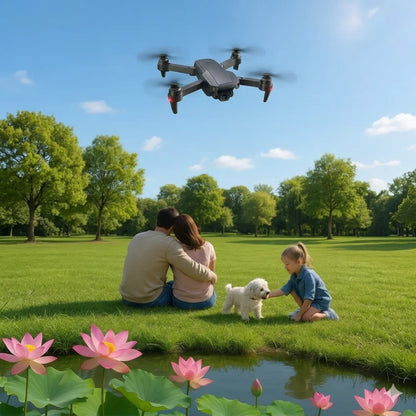 A K5 MINI foldable pocket-sized drone is flying stably above a lush green park lawn on a sunny day. Centered in the frame are a couple sitting on the grass, with a young girl petting a small white dog nearby. In the foreground is a pond dotted with pink lotus flowers. This 59g lightweight drone demonstrates its portability and ease of use in a casual family setting.