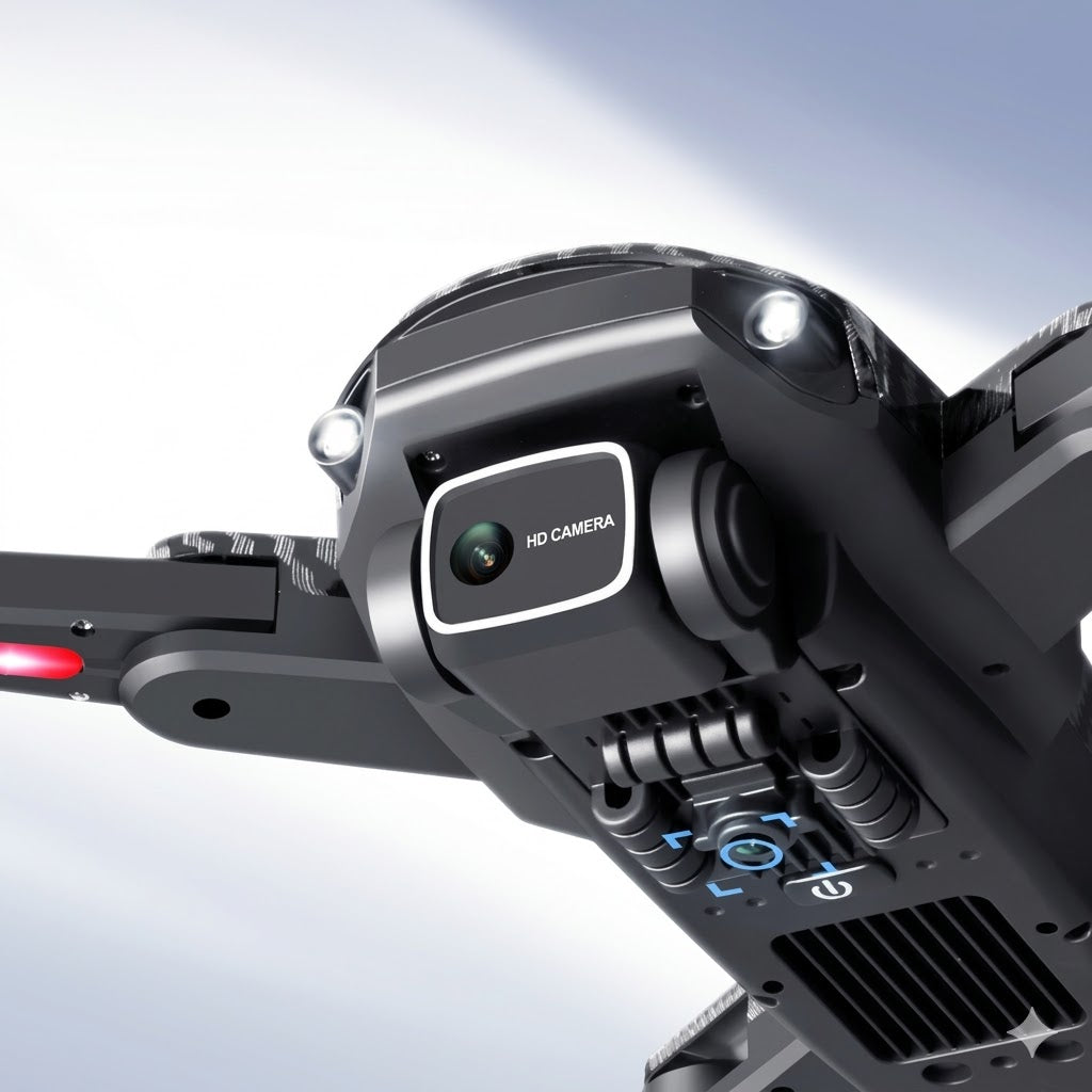Close-up view of the K611 MAX foldable drone highlighting its dual-camera system: a 4K electric phase-shifting main camera for high-defin...