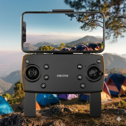 Close-up of KF108 professional drone remote controller with a smartphone displaying a crisp 4K HD FPV live feed of a mountain campsite. The image highlights the dual-GPS positioning, EIS anti-shake stability, and AI smart flight controls in a scenic outdoor setting.