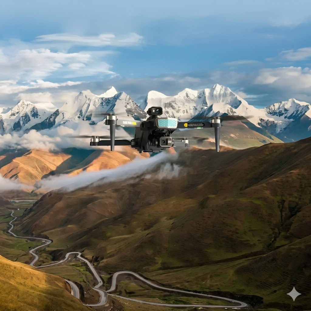 Kai 2 Pro 4K UHD GPS foldable drone with 360° laser obstacle avoidance flying over a mountain landscape. - 4K camera drone with GPS | Pro...