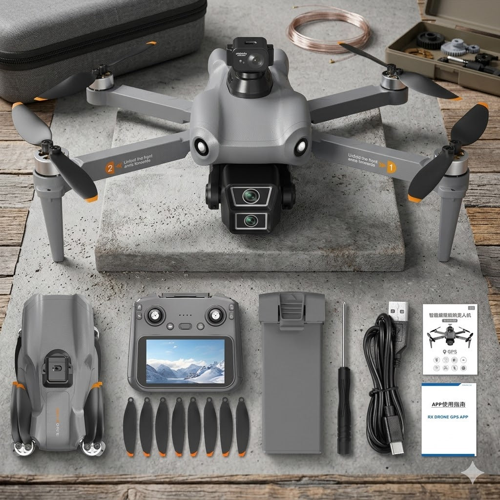 Top-down view of the L300 4K GPS Drone full kit on a workshop background. The set includes the unfolded grey drone with its 360° laser ob...