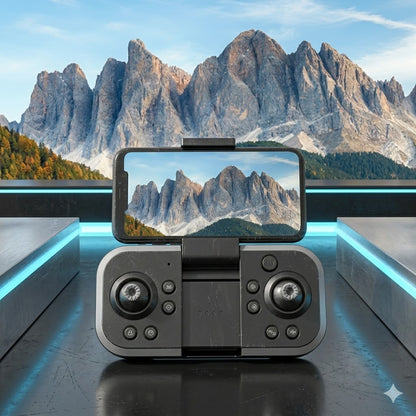 LSRC S5S drone remote controller with an attached smartphone displaying an FPV view of the Dolomites mountains.