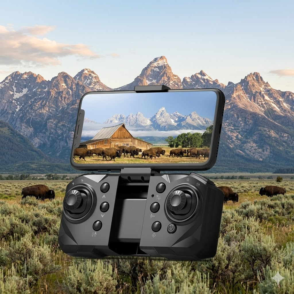P11S Max drone remote controller with smartphone displaying scenic FPV view of mountains and a bison herd. - 4K camera drone with GPS | P...