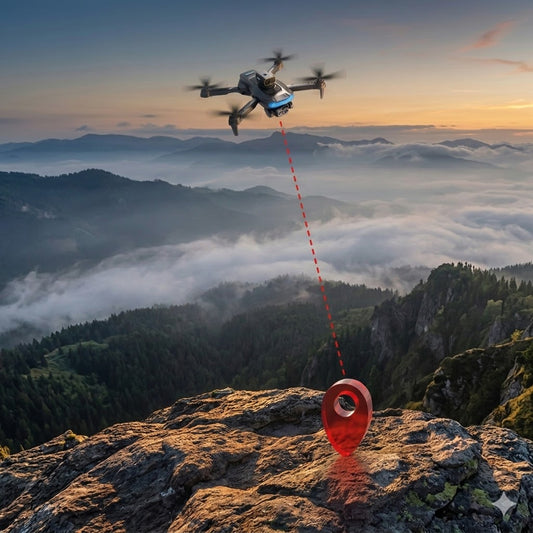 A P15 foldable dual-camera drone, designed for easy aerial shots and beginner-friendly practice, is shown hovering stably over a rugged m...