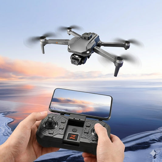 A demonstration of the RG608 Foldable Brushless Drone (161.5g) flying over a scenic waterfront, highlighting its real-time FPV image tran...