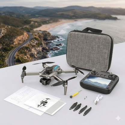 S109 GPS Drone official standard kit featuring a lightweight 189g silver drone with 4K dual cameras and infrared obstacle avoidance. The image shows the drone alongside its remote control with a built-in screen, a grey carrying case, spare propellers, and accessories, set against a scenic coastal landscape