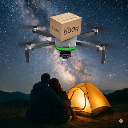 S155 MAX GPS drone carrying a 500g parcel over a starlit campsite with a couple and tent.