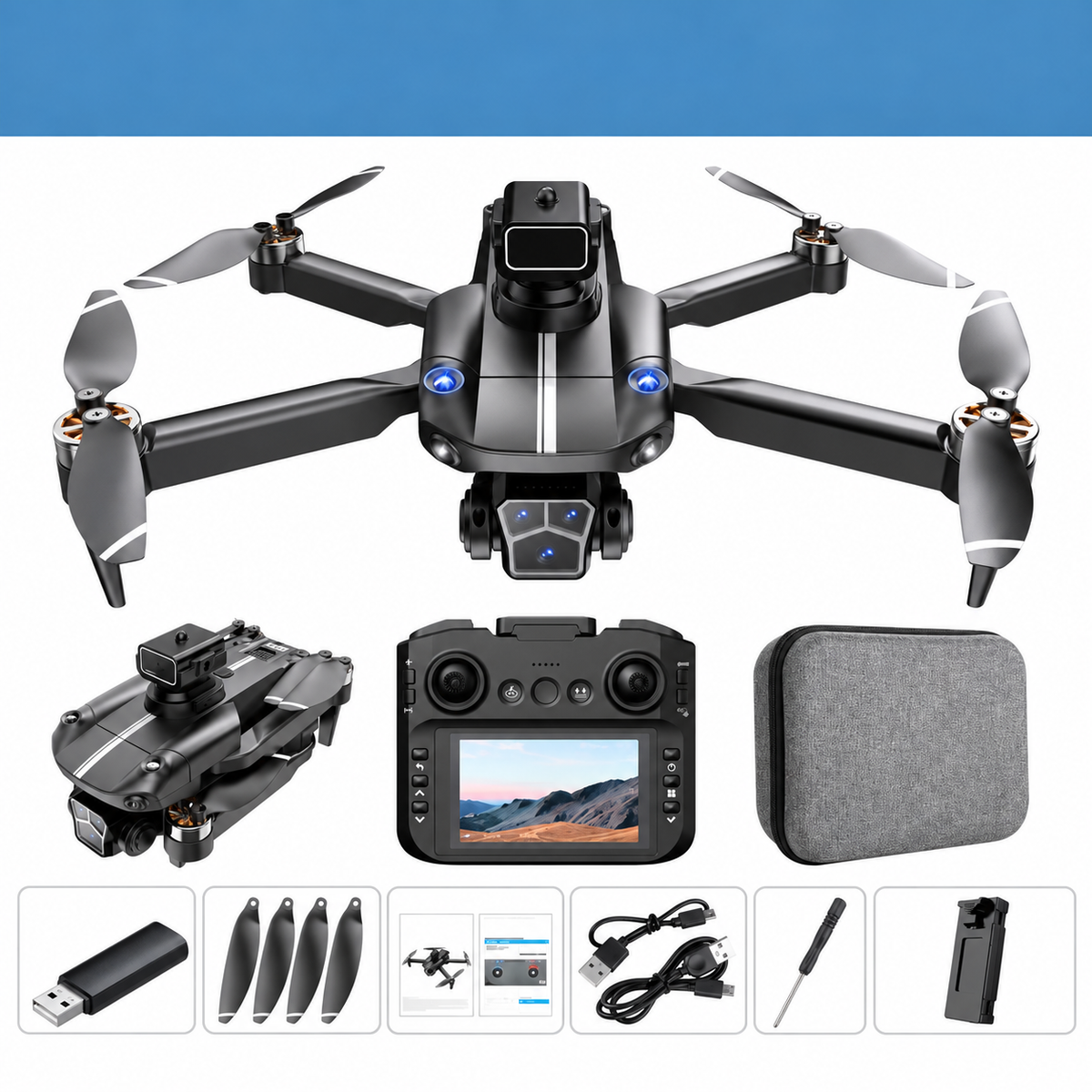 S182 GPS brushless drone with screen remote controller, carrying case, spare battery, propellers and accessories