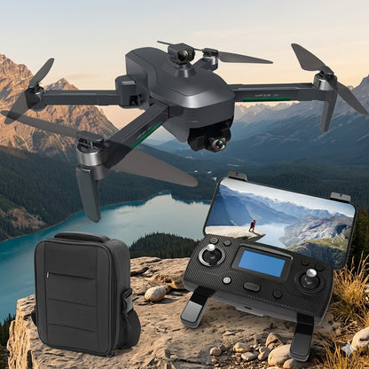 SG906 MAX3 BEAST EVO 4K GPS drone kit with remote controller and carrying case in a mountain setting.