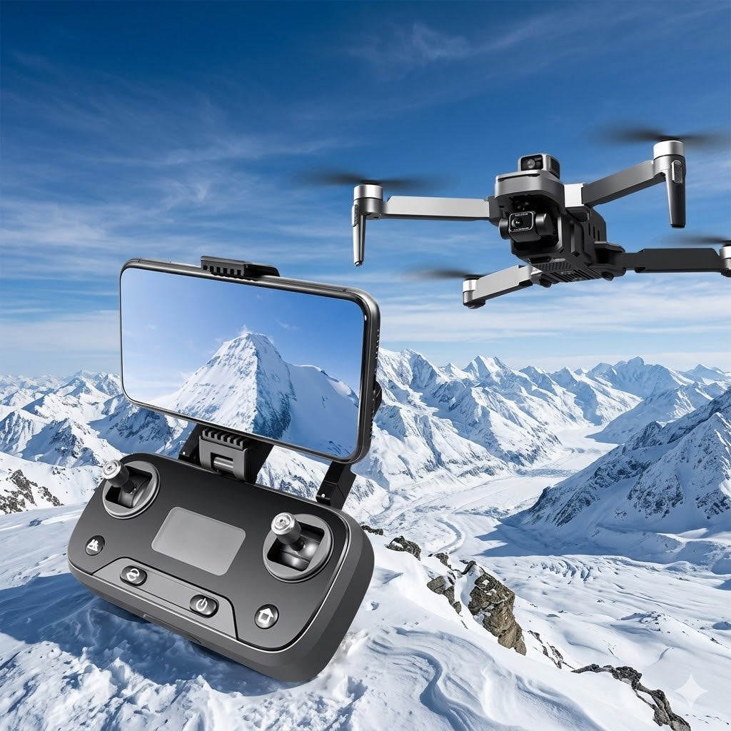A promotional photo of the W5 Long-Range GPS Drone system. In the foreground, a black remote controller with an attached smartphone displ...