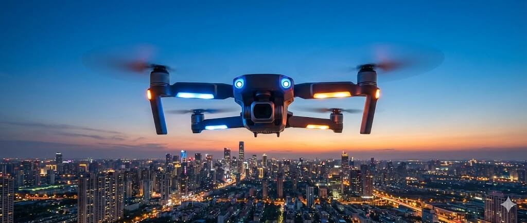 High-performance black drone capturing cinematic aerial views of Neuschwanstein Castle, Germany at sunrise