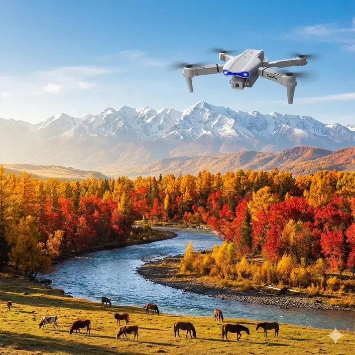 E88 Pro foldable beginner drone capturing software-enhanced 4K static snapshots over a scenic autumn mountain landscape with grazing cows, designed for high-resolution aerial photography.