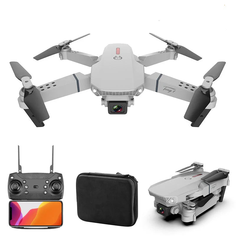 A complete white E88 Pro "Teng 1" foldable drone kit featuring the unfolded quadcopter, a compact black portable carrying case, and an FPV-capable remote controller with a smartphone mount, designed for travel-friendly beginner aerial photography.