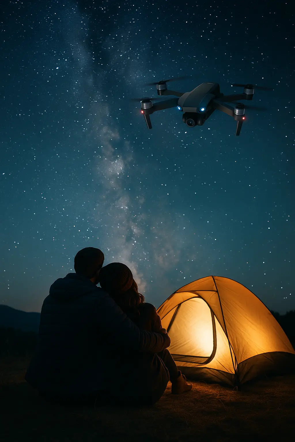 Romantic couple under a starry night sky with E99 Pro2 drone flying above the tent.
