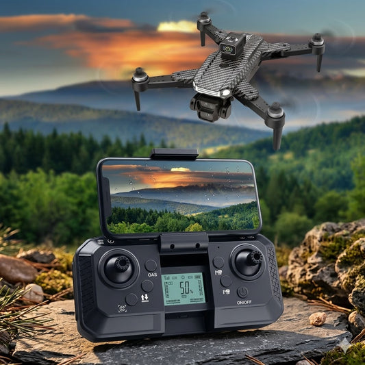 Black A12 PRO foldable drone hovering in a sunset mountain landscape, featuring a remote controller with smartphone FPV live feed and bru...