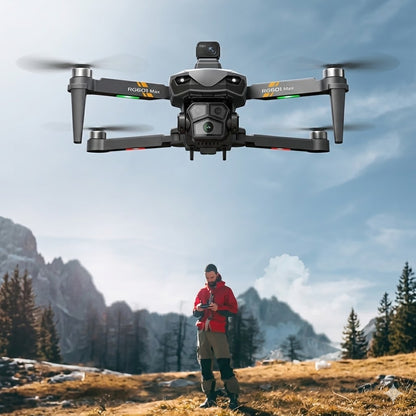 RG601 MAX foldable drone with 3-axis gimbal and 8K photo output, featuring 360-degree laser obstacle avoidance for mountain travel photography.