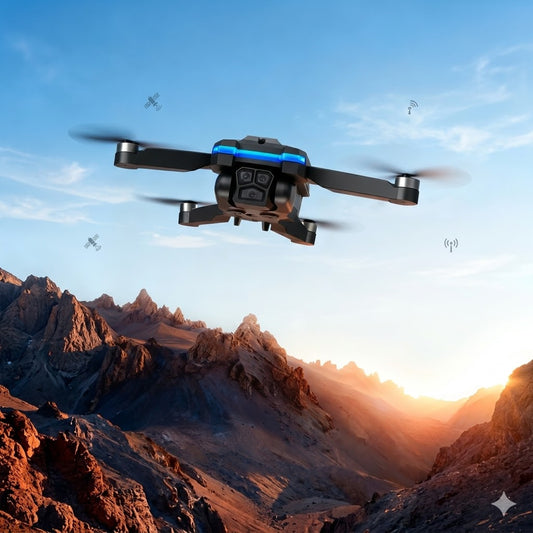 S8S Mini Brushless Drone with 1080p HD Camera and 4-way obstacle avoidance flying over a mountain range during sunset. - 4K camera drone ...