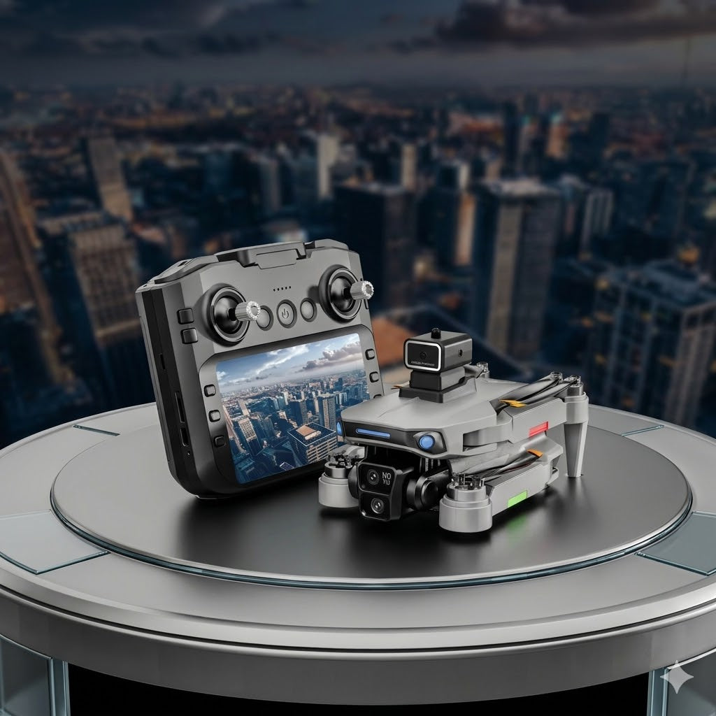 A professional product photograph of an advanced SG103 gray folding drone and its black remote controller with an integrated screen, rest...