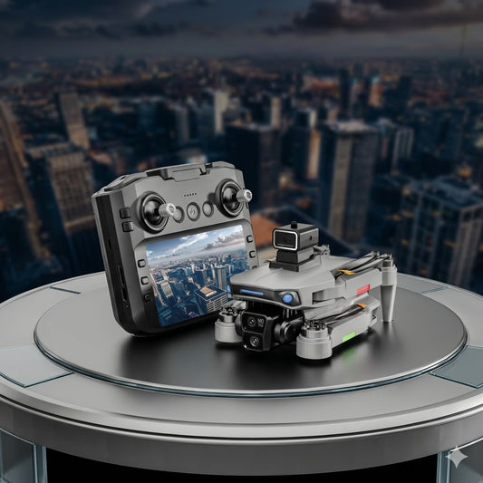 A professional product photograph of an advanced SG103 gray folding drone and its black remote controller with an integrated screen, rest...